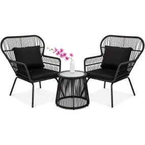 3-Piece Patio Wicker Conversation Bistro Set w/ 2 Chairs, Table, Cushions