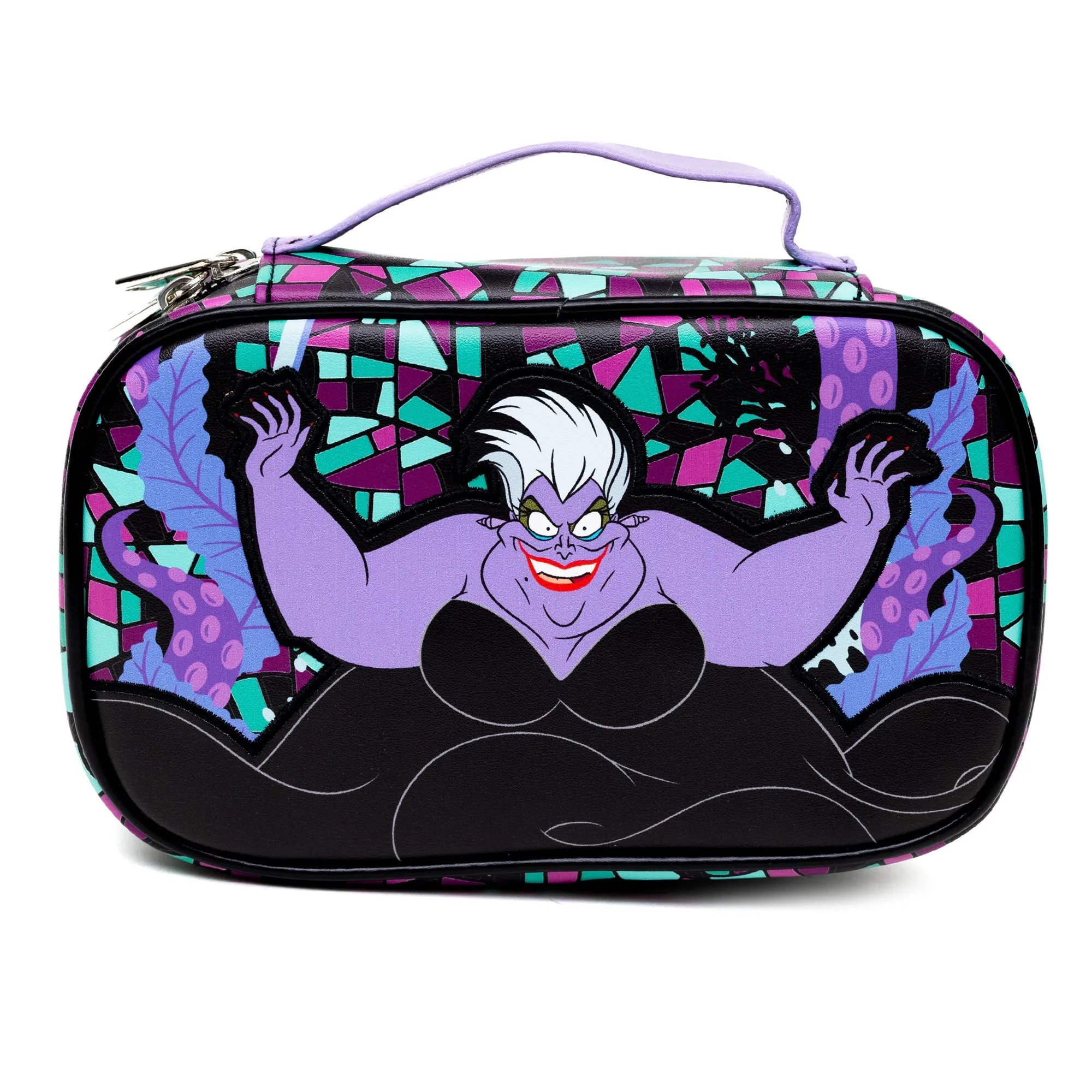 Disney Vegan Leather Travel Cosmetic Bag, Make-Up Bag for Women, The Little Mermaid Ursula Pose Applique Stained Glass Print, Vegan Leather