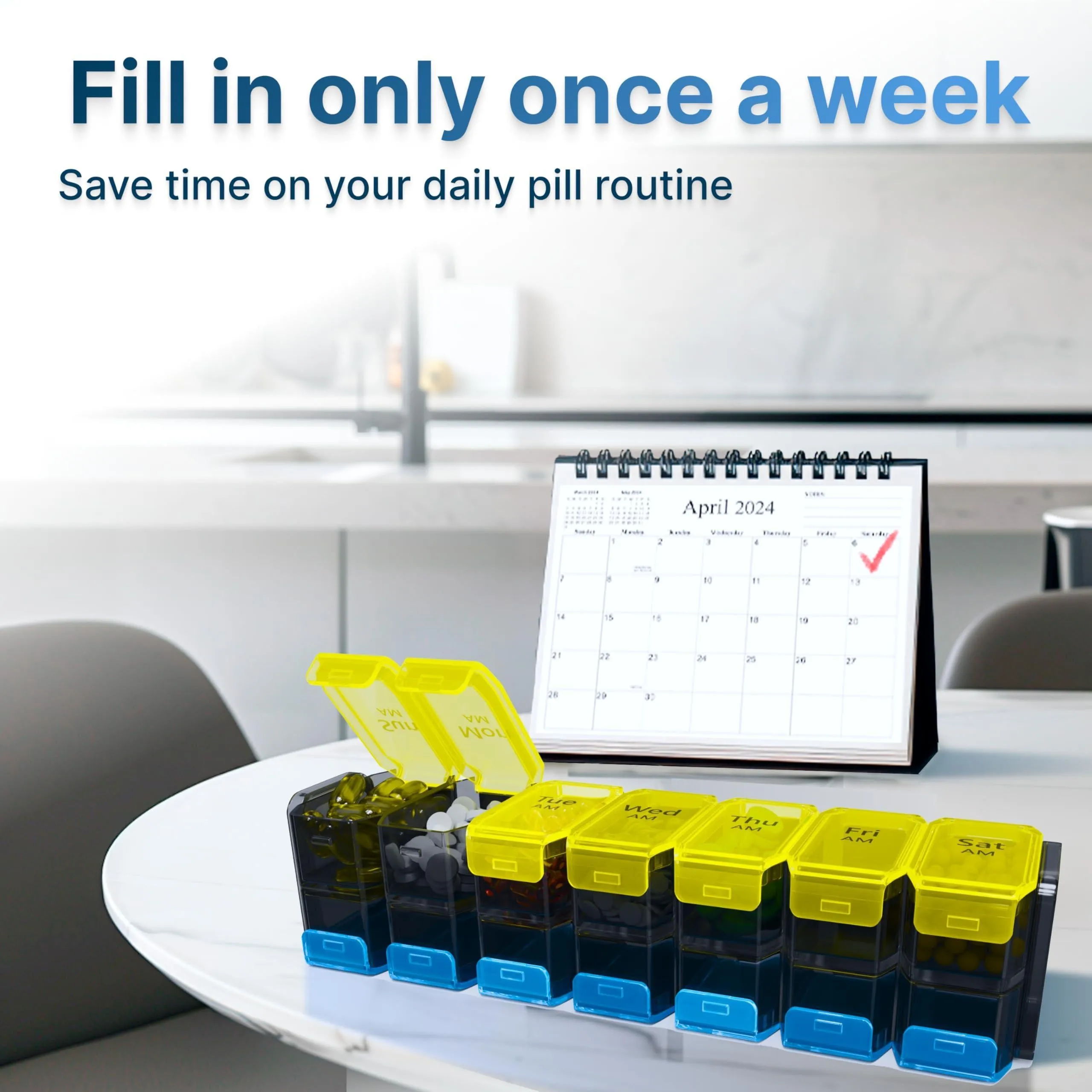 Extra Large Weekly Pill Organizer 2 Times a Day XL Pill Case Am Pm Yellow Blue