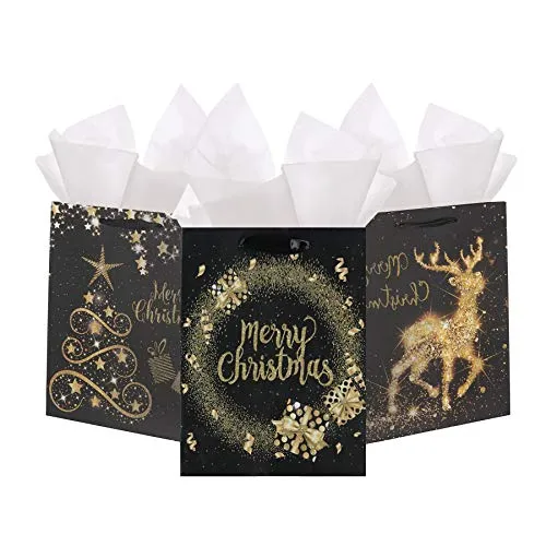 Premium Elegant Christmas Bags Black and Gold Glittered Assorted Set of 12-6 Medium Bags