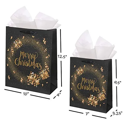 Premium Elegant Christmas Bags Black and Gold Glittered Assorted Set of 12-6 Medium Bags