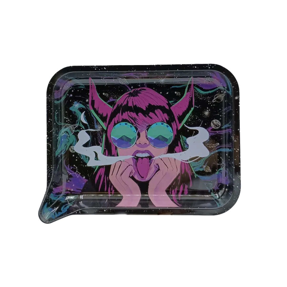 Small 3D Rolling Tray With Magnetic Lid Cover (Galaxy Sunglasses Girl Smoking)